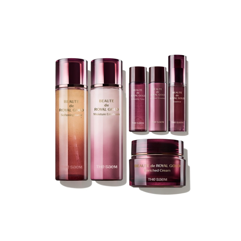 THE SAEM Beaute De Royal Gold Skin Care 3 Set premium anti-aging skincare set with softening toner, moisture emulsion, enriched cream, essence gifts and 24K gold care