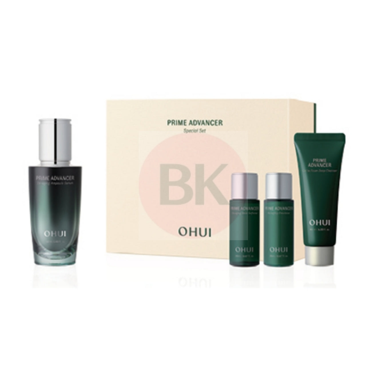 OHUI Prime Advancer De-aging Ampoule Serum Set with 50ml ampoule serum, skin softener, emulsion, and gel cleanser