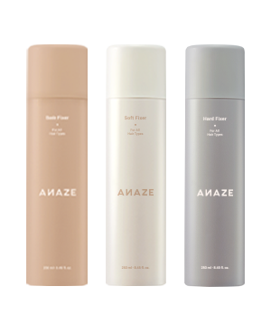 Anaze hair styling brand featuring professional fixer base, soft hold, and hard hold products