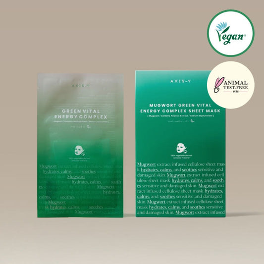 AXIS-Y 61% Mugwort Green Vital Energy Complex Sheet Mask 5pcs Korean skincare product with 61% mugwort extract for soothing and balancing care, Plant-based cellulose sheet designed to adhere evenly to skin, Centella Asiatica and MultiEx BSASM botanical complex support skin comfort