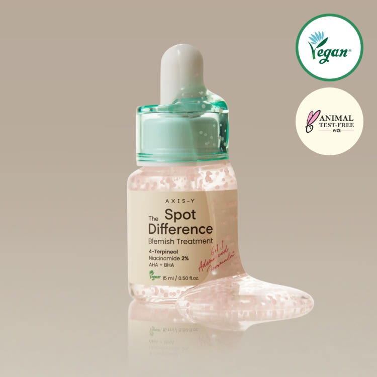 AXIS-Y Spot The Difference Blemish Treatment 15ml Korean skincare product with Tea tree extract and 4-terpineol target active blemishes, Ceramide capsules help maintain moisture and barrier support, Green tea and licorice help soothe visible redness