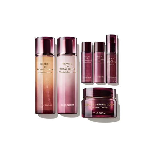 THE SAEM Beaute De Royal Gold Skin Care 3 Set premium anti-aging skincare set with softening toner, moisture emulsion, enriched cream, essence gifts and 24K gold care