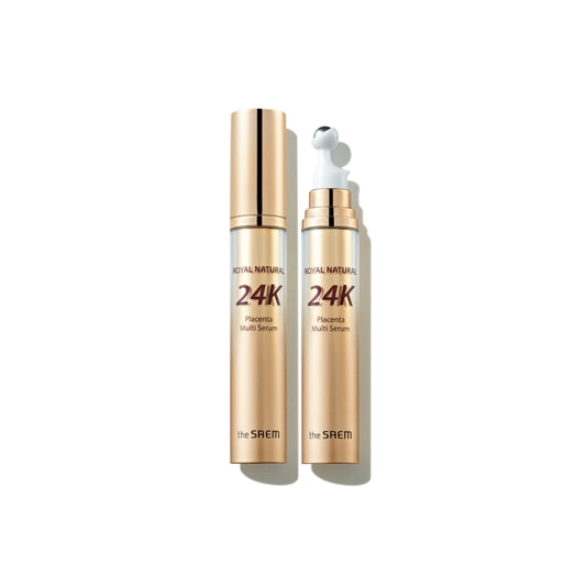 THE SAEM Royal Natural 24K Placenta Multi Serum 15ml roll-on anti-aging serum with placenta extract, 24K gold, EGF, collagen and hyaluronic acid for firm radiant-looking skin