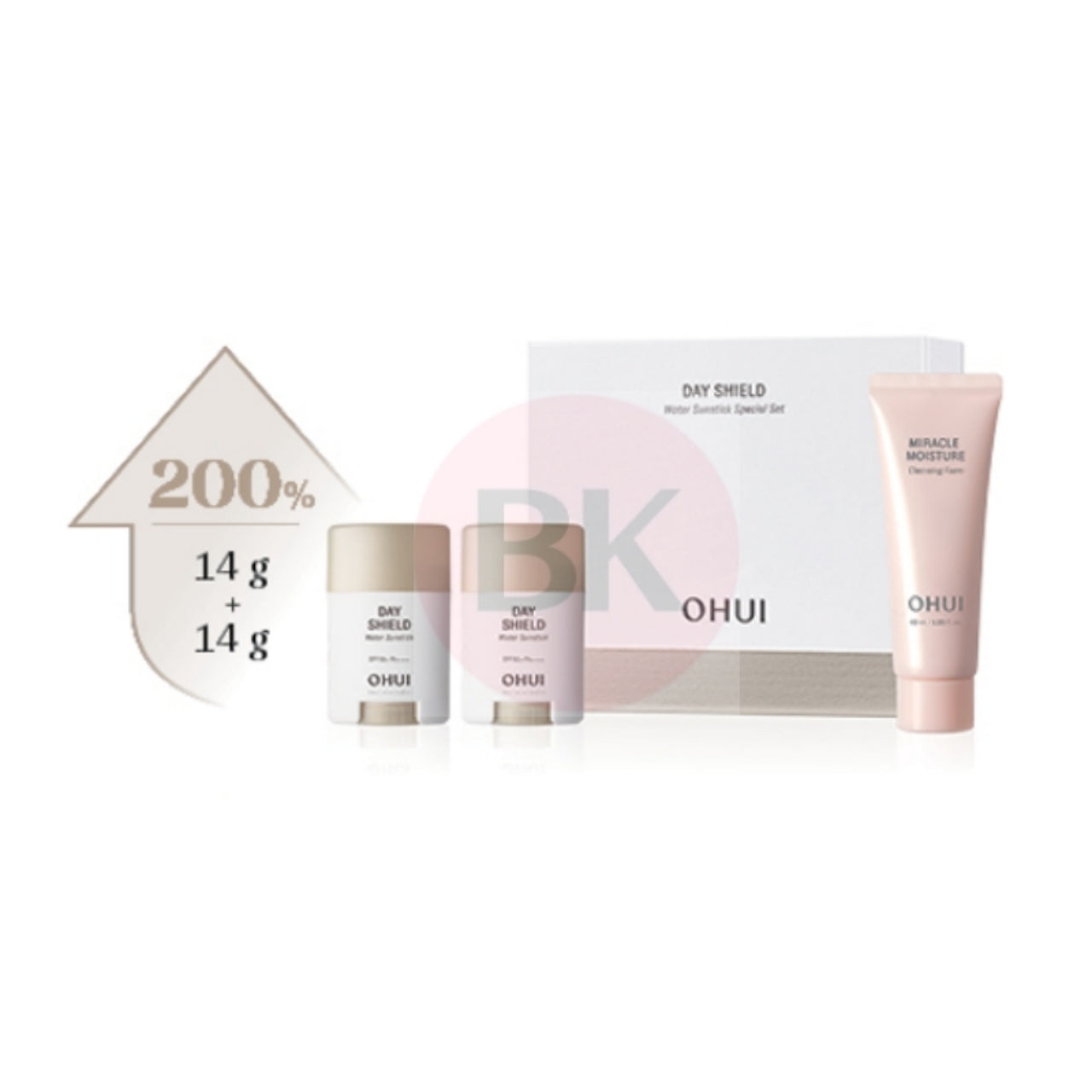OHUI Day Shield Water Sunstick Duo Set with two 14g water sunsticks and Miracle Moisture Cleansing Foam 40ml