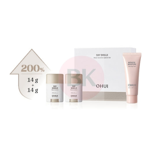 OHUI Day Shield Water Sunstick Duo Set with two 14g water sunsticks and Miracle Moisture Cleansing Foam 40ml