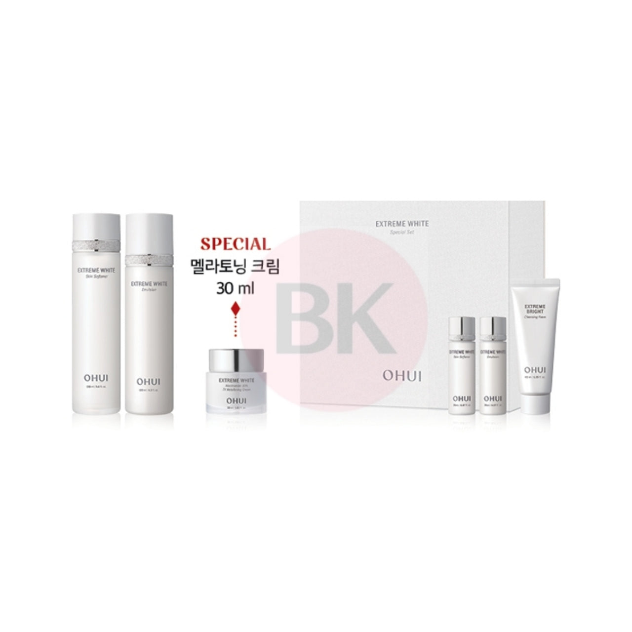 OHUI Extreme White 3pcs Set with Skin Softener 150ml, Emulsion 130ml, TX Melatoning Cream 30ml, and travel-size skincare items