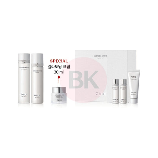 OHUI Extreme White 3pcs Set with Skin Softener 150ml, Emulsion 130ml, TX Melatoning Cream 30ml, and travel-size skincare items
