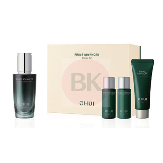 OHUI Prime Advancer De-aging Ampoule Serum Set with 50ml ampoule serum, skin softener, emulsion, and gel cleanser