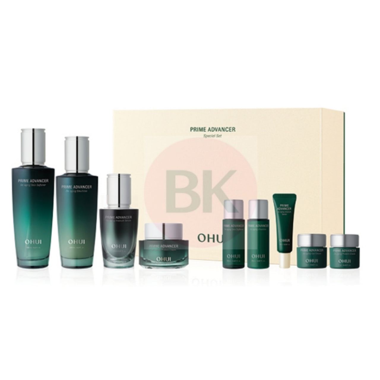 OHUI Prime Advancer De-aging Skincare 4pcs Set with skin softener, emulsion, de-aging ampoule serum, protein cream, and mini skincare items