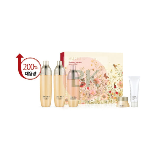 SUM37 Blossom Garden Skin Large Special Edition skincare set with two 155ml skin bottles, Blossom Garden lotion 135ml, cream mini, and Essential Cleansing Foam