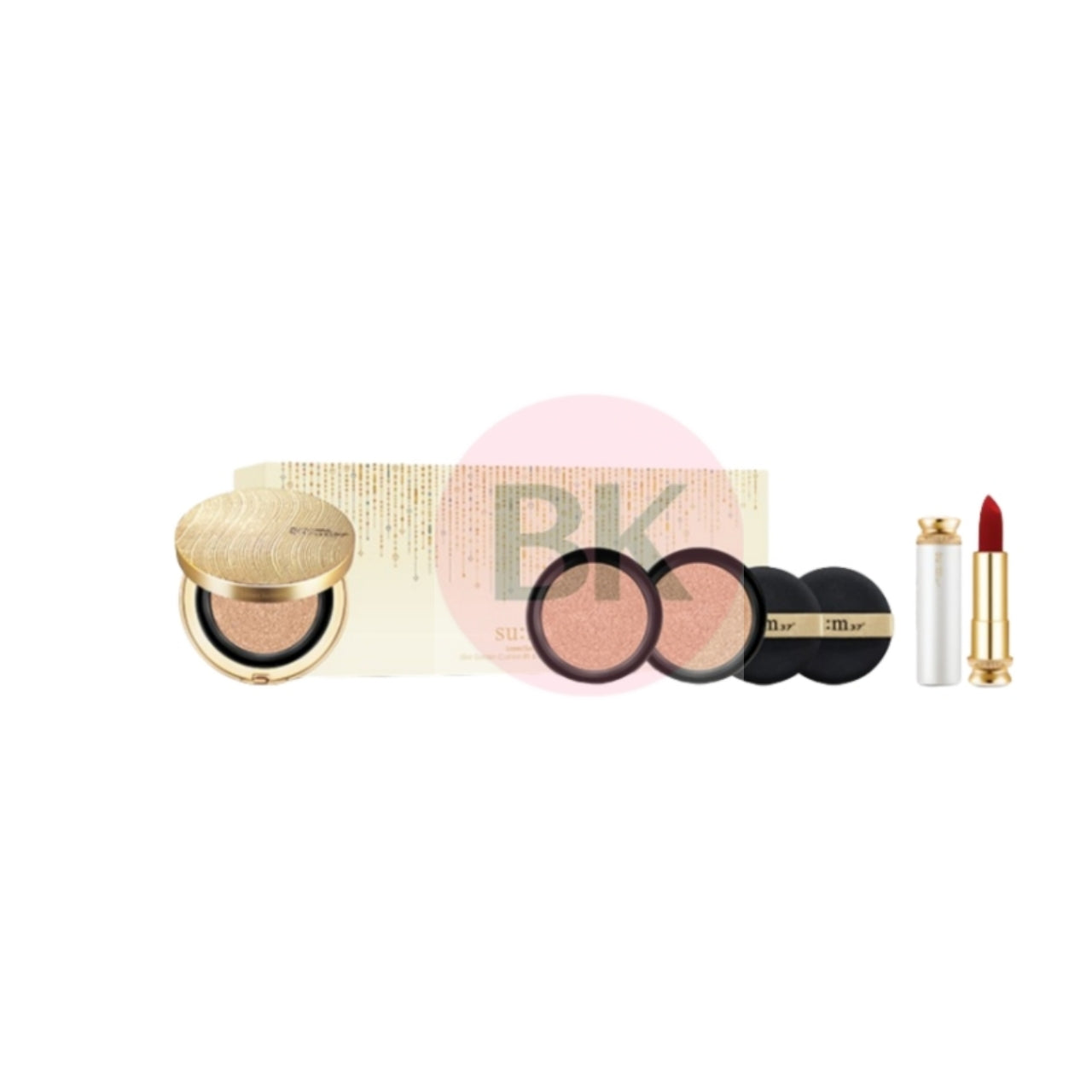 SUM37 LosecSumma Cushion and Lip Stick Set with LosecSumma cushion 15g, two cushion refills 15g each, and Velvet Lipstick Brilliant