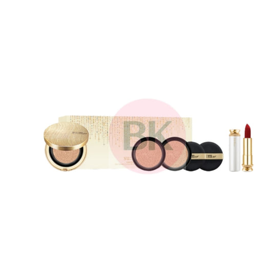 SUM37 LosecSumma Cushion and Lip Stick Set with LosecSumma cushion 15g, two cushion refills 15g each, and Velvet Lipstick Brilliant