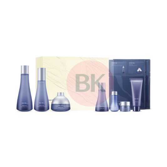 SUM37 Waterful 3pcs Set with toner 170ml, emulsion 120ml, gel cream 20ml, toner 50ml, emulsion 20ml, gel cream 10ml, amino foam 40ml, and Marine Relief Gel Mask 3 Step 2 sheets