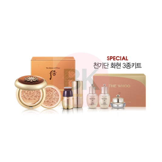 THE WHOO Cheongidan Essence Cushion No.21 Special Set with cushion 15g, refill 15g, Cheongidan skincare minis, and special pouch